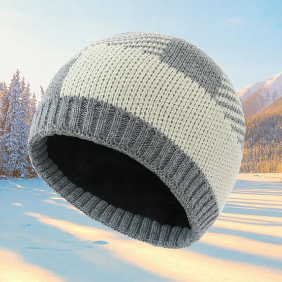 FNGZ 1Pc Hat, Grey Bomber Hats, Winter Fleece Warm Hat Plaid Knitted Hat Beanie Hat for Men & Women Ear Hat Thickened Outdoor Hat