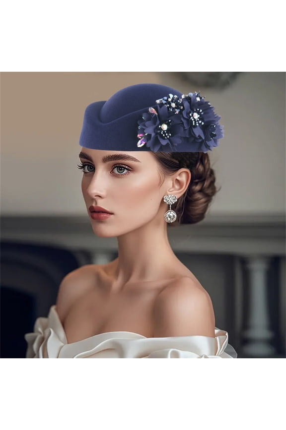 1Pc Hat, Navy Berets, Women Church Hats Flower Applique Pillbox Hats Fascinator Tea Caps