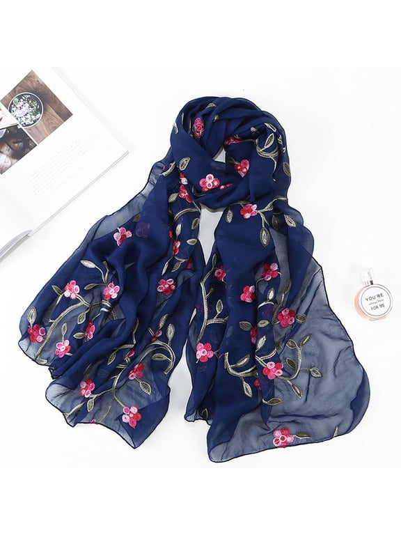 1Pc Headscarf With Hairy Facial Wrap, Navy Scarf, Women Embroidery Chiffon Scarf Hijab Wrap Shawls Headband Muslim Hijabs Scarf Wh