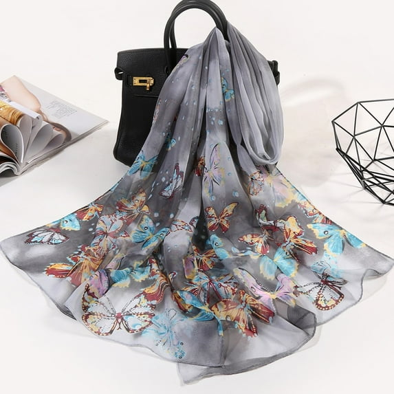 FNGZ 1Pc Scarf, Black Scarf, 160*50Cm Women Flower Print Long Soft Wrap Scarf Simulation Silk Shawl Scarves