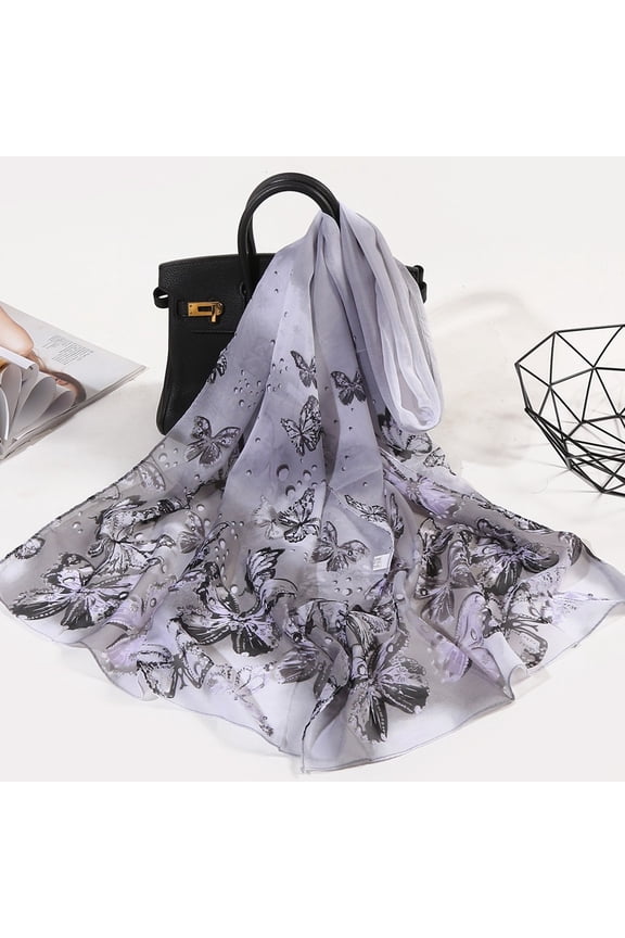 1Pc Scarf, Grey Scarf, 160*50Cm Women Flower Print Long Soft Wrap Scarf Simulation Silk Shawl Scarves