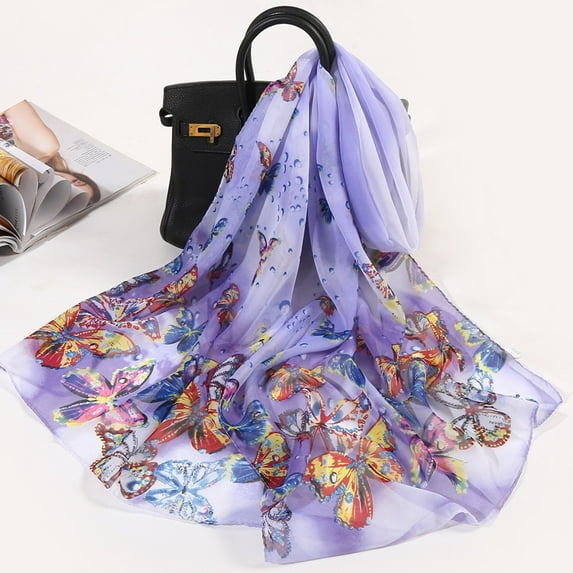 FNGZ 1Pc Scarf, Purple Scarf, 160*50Cm Women Flower Print Long Soft Wrap Scarf Simulation Silk Shawl Scarves