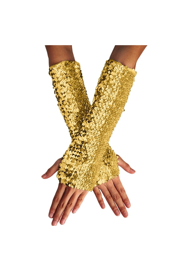 2Pc Gloves, Gold Gloves Mittens, Stylish Glitter Gloves Sequin Long Gloves Fingerless Elastic Gloves Glitter Carnival Costumes for Women And Girls