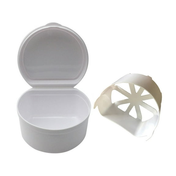 FNGZ Denture Clearance Denture Bath Box Case Dental False Teeth Storage Box with Hanging Net Container White