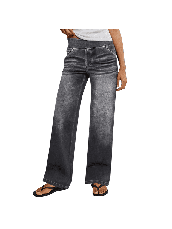 Jeans for Women | Girls Jeanswomen's High Rise Wide Leg Jeggings - Stretch Pull on Jeans-Style Pants, Soft Denim with Pockets | Black M
