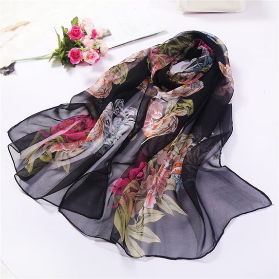 FNGZ Piece of Silk Scarf, Black 普通产品 ->, Scarfs for Women Lightweight Print Floral Pattern Scarf Shawl Fashion Scarves Sunscreen Shawls And Wraps for Spring