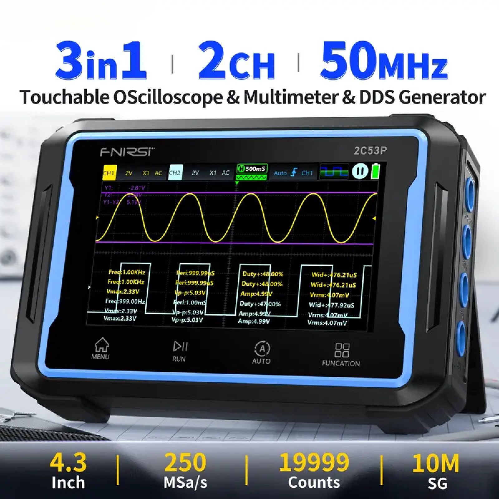 FNIRSI 2C53P 3-in-1 Handheld Oscilloscope, Multimeter & Signal Generator, 50MHz 250MSa/s Dual Channel Digital Oscilloscope with 4.3" Touch Screen