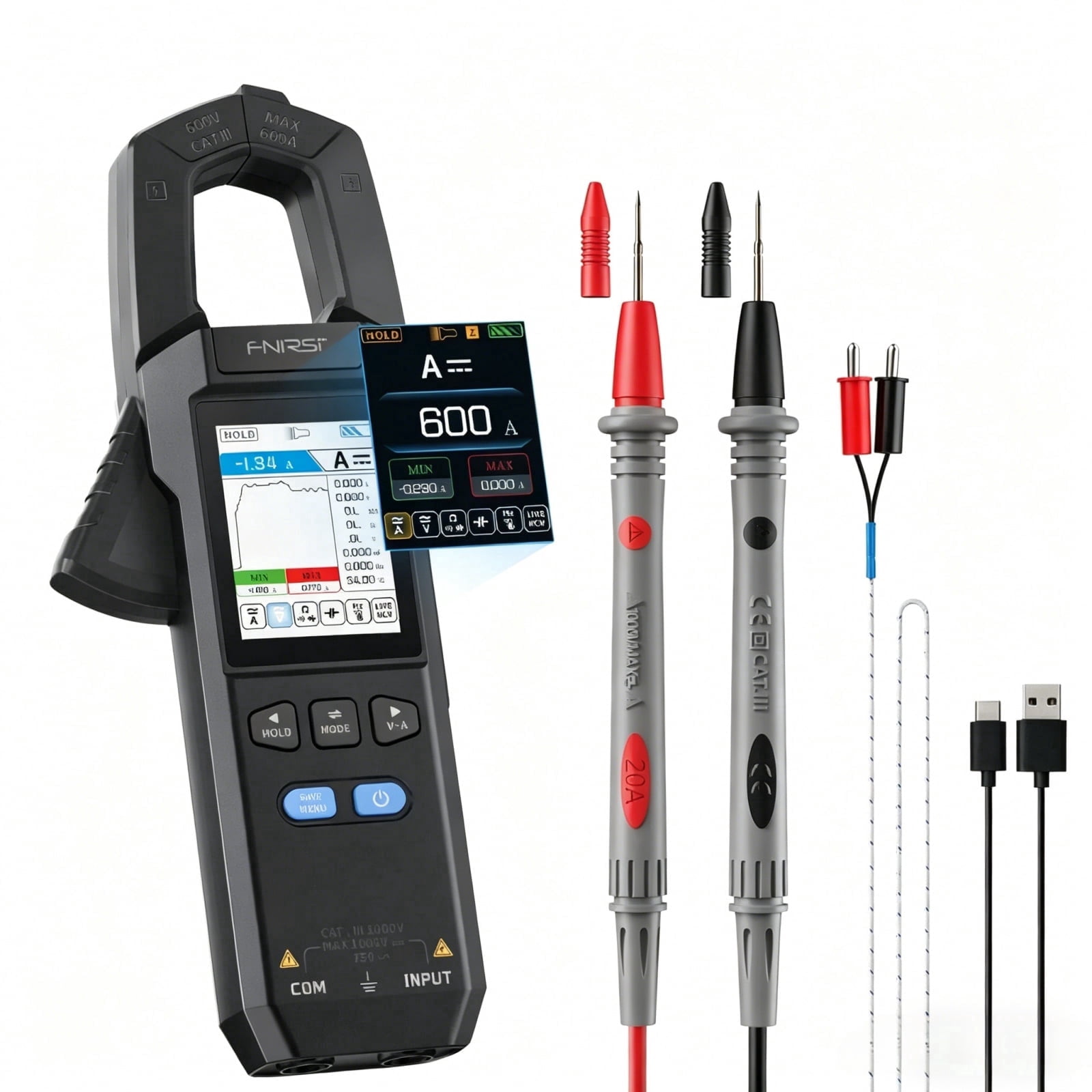 FNIRSI DMC-100 AC/DC Clamp Meter Digital Multimeter, 10000 Counts, True RMS, Power Calculation, NCV Detection, Waveform Display
