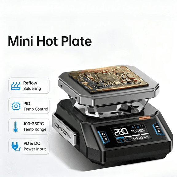 FNIRSI HT-P1A Mini PID Hot Plate Soldering Station 100-350C 150W Dual DC PD3.0 USB-C Heating Plate for PCB BGA Rework Electronic Repair US Charger Full Kit