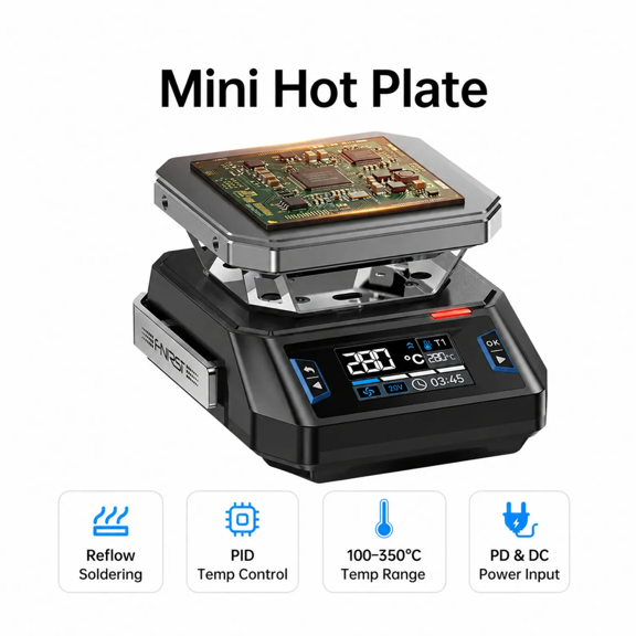 FNIRSI Mini PID Hot Plate Soldering Station HT-P1B 100-350C 150W Dual DC PD3.1 USB-C Heating Plate for PCB BGA Rework Electronic Repair US Charger Full Kit