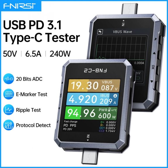 FNIRSI Type-C Fast Charging Tester High Precision Multimeter FNB-C2 USB PD3.1, 20-Bit ADC 50V 6.5A 240W, E-Marker Chip Test