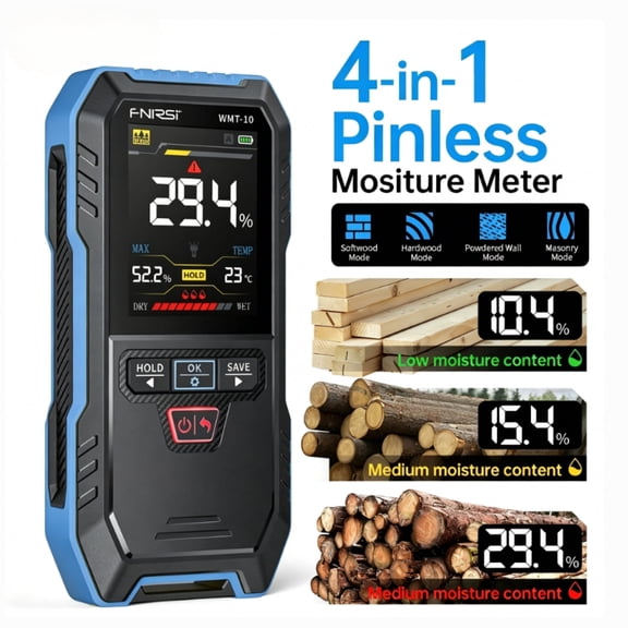 FNIRSI WMT-10 Pinless Wood Moisture Meter, Non-Destructive 4-in-1 Moisture Tester for Wood, Walls, Masonry, Concrete with LCD Display & Alarm