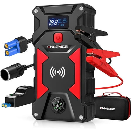 FNNEMGE Car Jump Starter 2500A Peak 24800mAh (Up to All Gas, 8.0L Diesel Engine), with 10W Wireless Charger Power Bank, 12V Auto Battery Booster with Smart Jumper Cable, USB Quick Charge 3.0