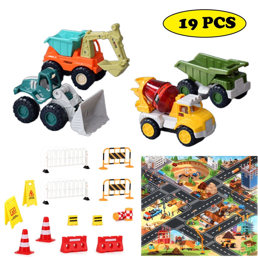 FNNMNNR 19Pcs Construction Vehicles Truck Toys Set with Play Mat 4
