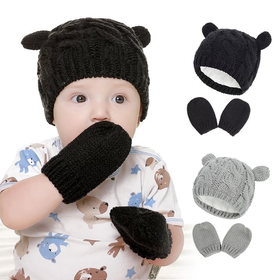 FNNMNNR 2 PCS Pure Color Baby Kids Girls Boys Winter Warm Knit Hat New Cute Glove Lovely Beanie Cap Set Black+Grey (6-18 months)