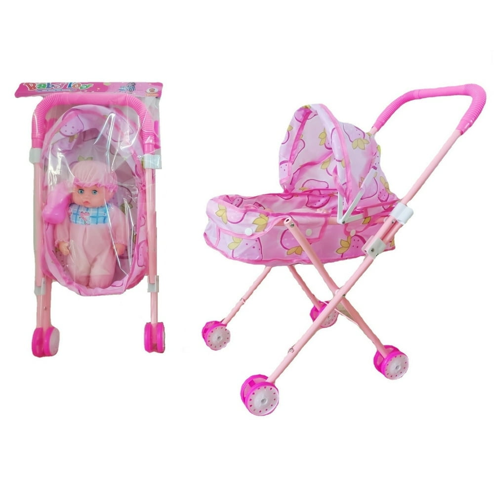 FNNMNNR 2023 New Reborn Dolls Doll Stroller Baby Doll Stroller for Toddlers and Kids with Doll+Bottle  Foldable Doll Stroller