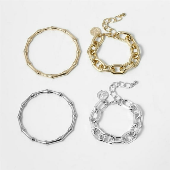 FNNMNNR 2Pcs Gold Plated Retro Link Bracelets Set for Women Girls Chunky Cuban Chain Bamboo Chain O-Paperclip Chain Bangles Stacking Elegant Delicate Band Bracelets Anklets