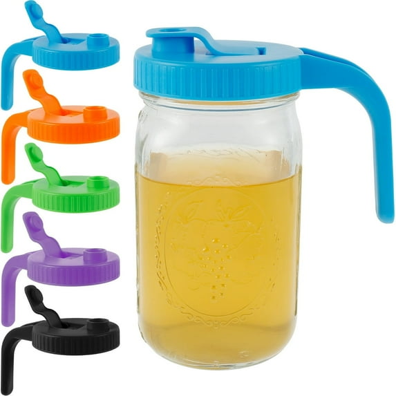 FNNMNNR 5 Pcs Mason Jar Lids with Handle Plastic Mason Jar Pour Spout Lid Reusable Wide Mouth Mason Jar Lids Leak-proof Mason Jar Lids for Home Daily Use Lemonade Coffee