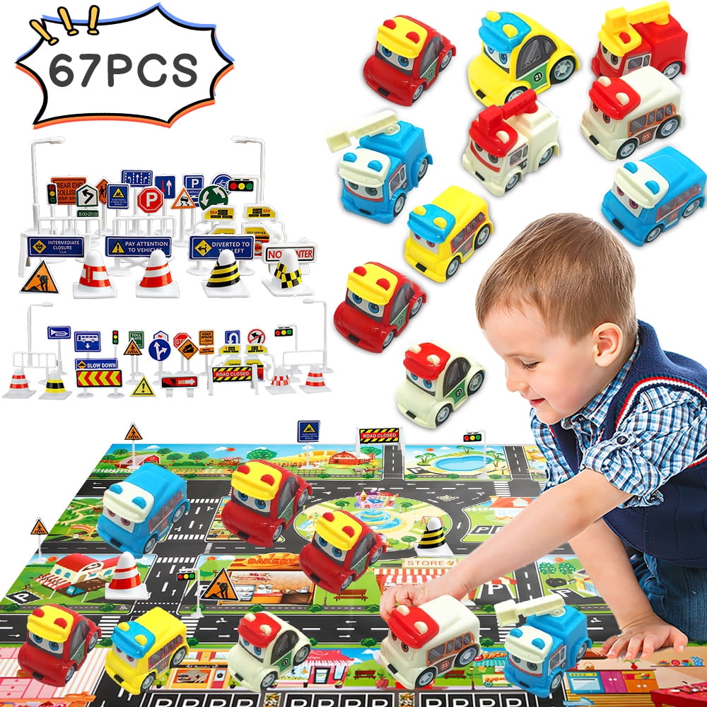 FNNMNNR 67 Pcs Mini Car Toy Set,Road Signs and Parking Playmat