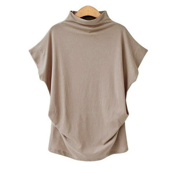 FNNMNNR Aviva Women Turtleneck Short Sleeve Cotton Solid Casual Blouse Top T Shirt Plus Kh/L