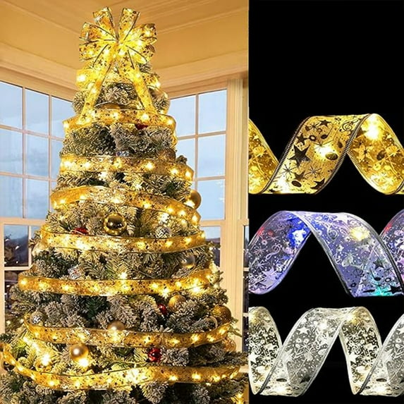 FNNMNNR Christmas Ribbon Lights 49Ft/150 LED Lights Battery Powered Copper Wire Ribbon Bows String Lights for New Year Party Weddings Christmas Tree Decorations