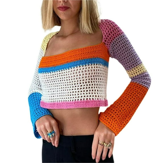FNNMNNR Color Block Hollow Out T-Shirts for Women Y2k Long Sleeve Crop Top Tshirt Vintage Harajuku Streetwear