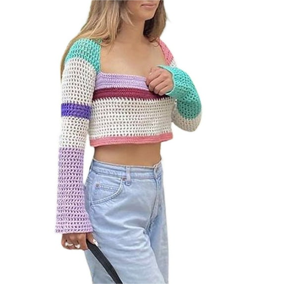 FNNMNNR Color Block Hollow Out T-Shirts for Women Y2k Long Sleeve Crop Top Tshirt Vintage Harajuku Streetwear