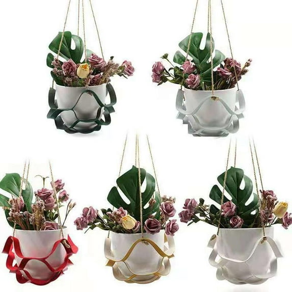 FNNMNNR Creative PU Leather Hanging Flower Pot Display Holder with Woven Rope Plant Shelf Planter Decoration