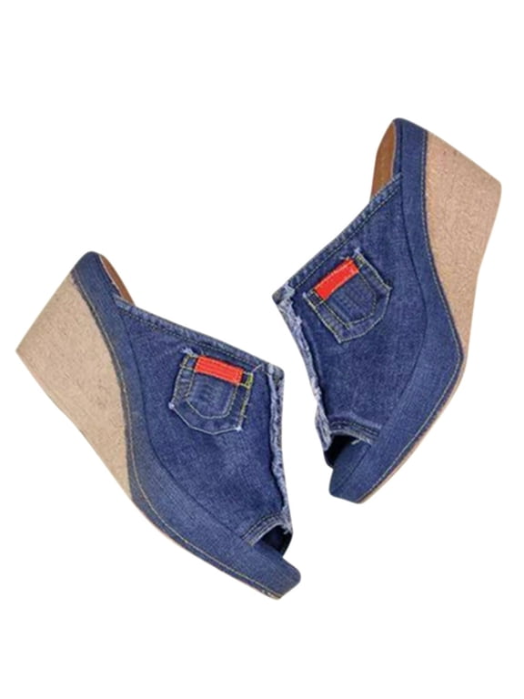 Denim Platform Wedges Women Espadrille Wedges Sandals with Knotty Bow Detail