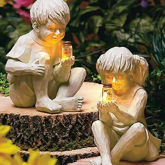 FNNMNNR Garden Statue Boy and Girl Holding Solar Firefly Jar Figure Sculpture for Garden Yard Outdoor Decoration