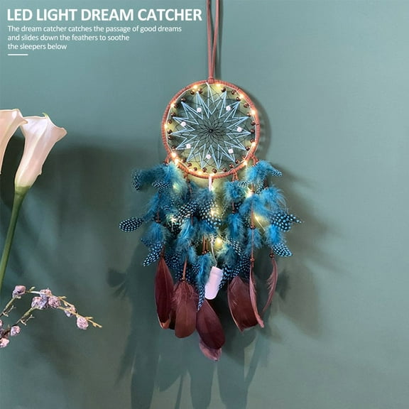 FNNMNNR Large Dream Catcher with LED Light String Battery Powered Handmade Sweet Feather Dreamcatcher Wall Hanging Ornament Crafts Home Decoration for Bedroom Children Room