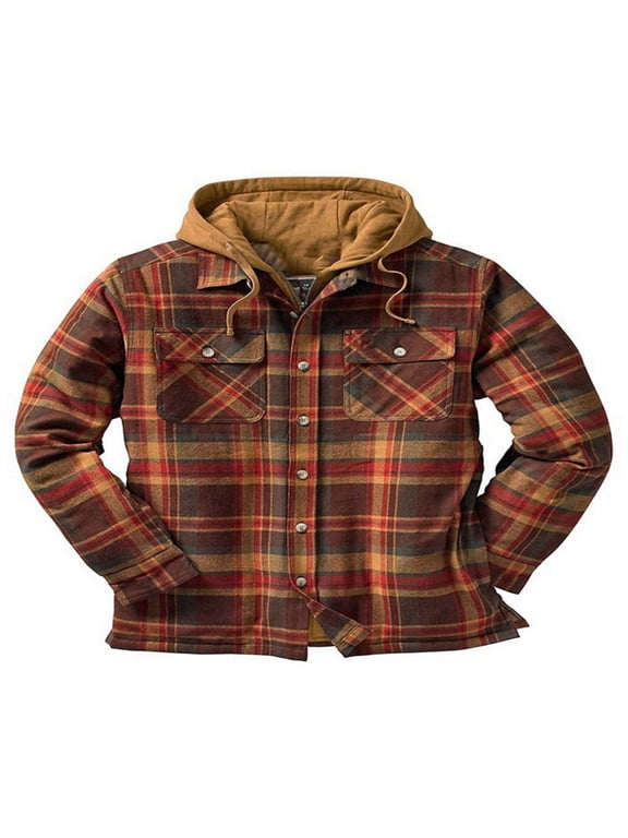 Men‘s Hooded Quilted Lined Flannel Shirt Jacket Long Sleeve Plaid Zipper Button Up Coat Outwear