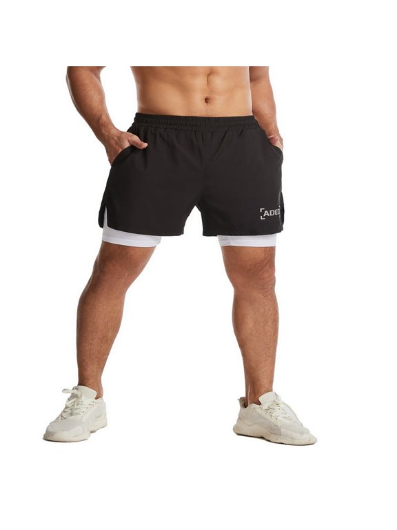 Men‘s Running Shorts Double Layer Exercise Gym Workout Quick Drying Training Joggers 2 in 1 Sports Shorts with Zip Pockets Fluorescent Green XS