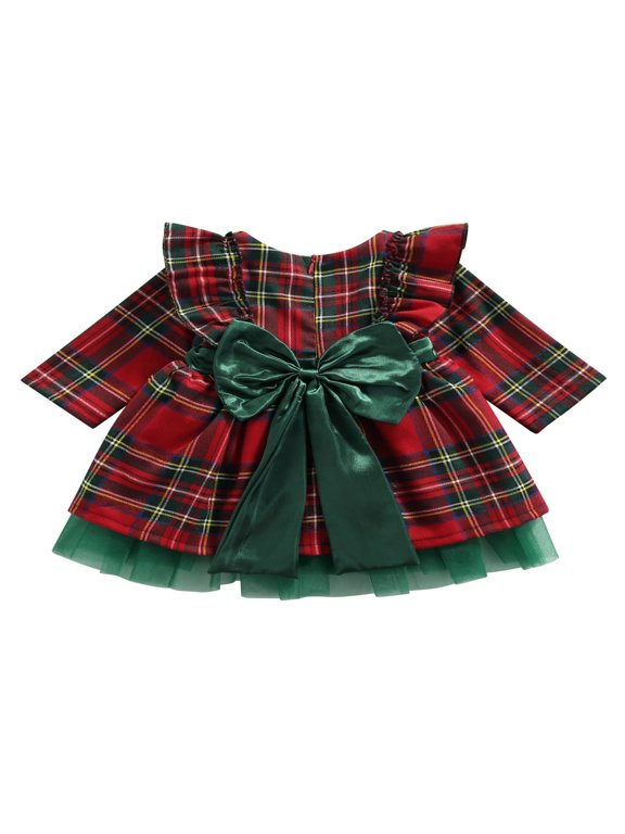 Newborn Christmas Dress Baby Girls Plaid Fly Sleeve Neck Mesh Patchwork