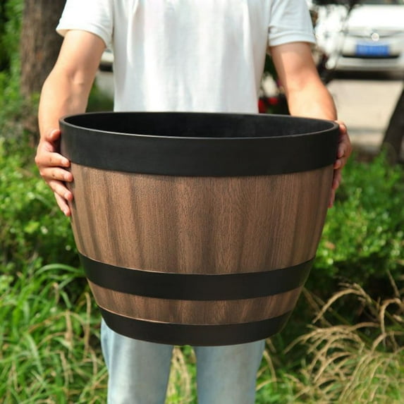 FNNMNNR Plant Pot Faux Whiskey Barrel Shape Home Decor Plastic Indoor Outdoor Yard Patio Flowerpot for Garden