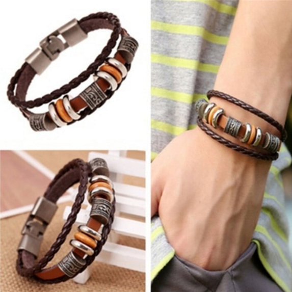 FNNMNNR Retro Leather Bracelet Fashion Men Punk Bracelet Handmade Brown Leather Bracelet