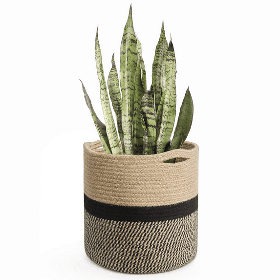 FNNMNNR Sturdy Jute Rope Plant Basket Modern Woven Basket up to 9 Inch Flower Pot Floor Indoor Planters 10” x 10” Storage Organizer Basket Rustic Home Decor Black Stripes