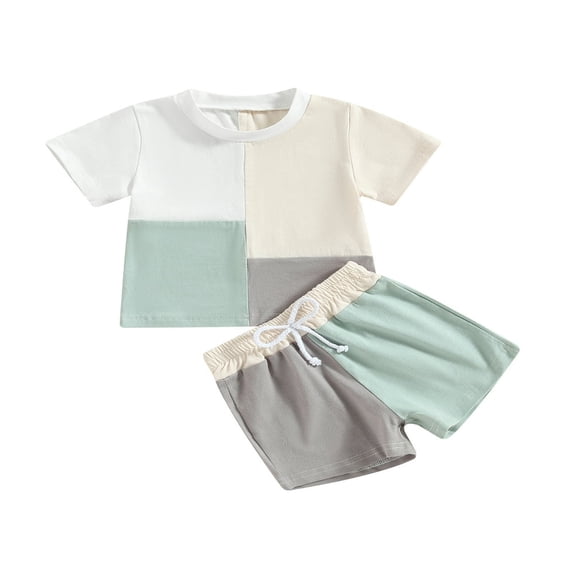 FNNMNNR Toddler Baby 2Pcs Summer Outfits  Short Sleeve Contrast Color Patchwork Tops + Shorts Set