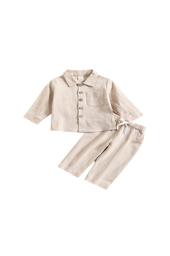 Toddler Baby Boy Cotton Linen Pants Set Solid Color Long Sleeve Button Down T-Shirt Tops Pants Fall Clothes Outfit