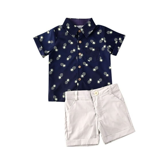 FNNMNNR Toddler Baby Boy Short Sleeve Button Down Shirt Shorts Set 2T 3T 4T 5T 6T Outfits Summer Clothes Navy Blue 5-6 Years