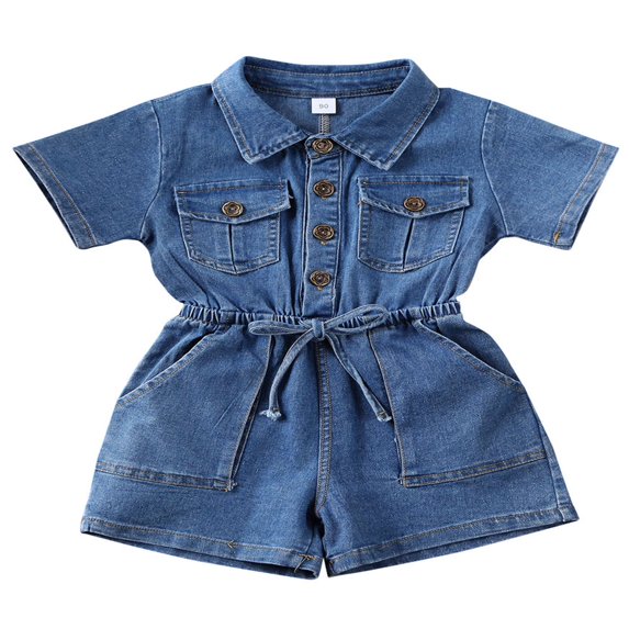 FNNMNNR Toddler Kids Baby Girl Denim Lapel Short Sleeve Pocket Button Jumpsuit Blue 1-2 Years