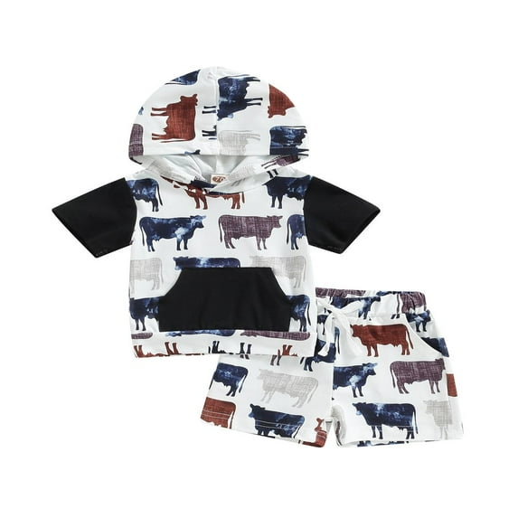 FNNMNNR Western Newborn Baby Boys Summer Outfit Cow Print Short Sleeve Hooded Tops Shorts Casual Clothes Black 0-6 Months