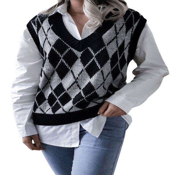 FNNMNNR Women Casual Sleeveless Argyle Printed V-Neck Oversize Sweater Vest Y2K 90s Color Block Knit Pullover Tops Red S