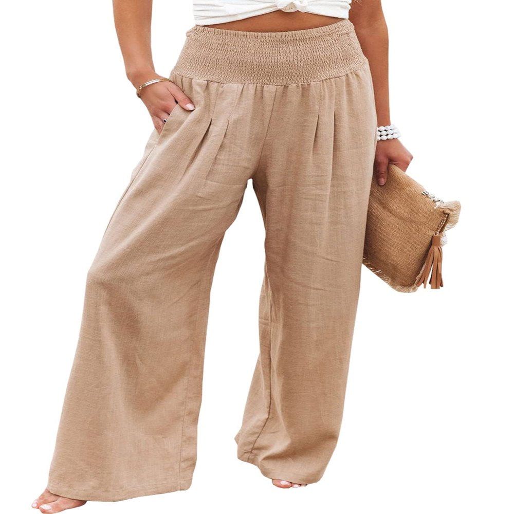 Women's Smocked Waist Palazzo Pants - Wide Leg Cropped Casual Pants For Vacation & Daily Wear
