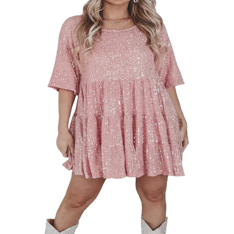 FNNMNNR Women Glitter Sequin Babydoll Dress Shiny Short Party Loose Sparkly  T Shirt Dresses Bling Mini Club Wear