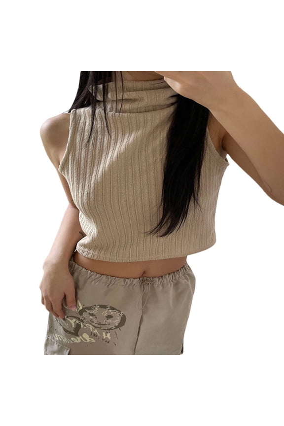 Women Knitted Ribbed Tank Tops Solid Color Turtleneck Sleeveless Vests Summer Slim Fit Exposed Navel Crop Tops