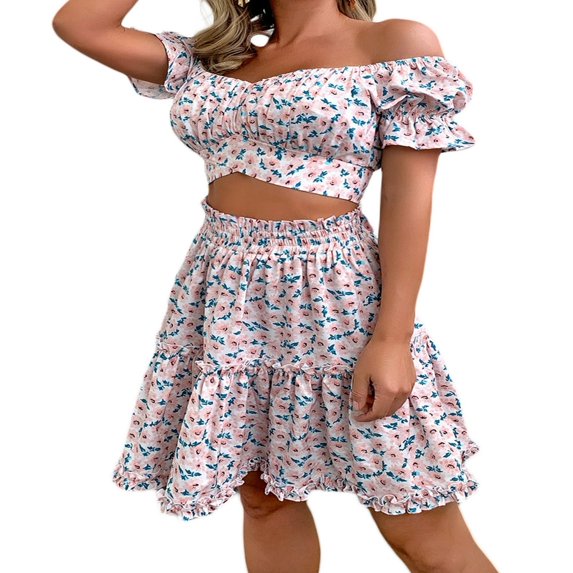 FNNMNNR Women Summer Skirt Set Vintage Boho Boat Neck Crop Top + Ruffle Pleated Skirt 2Pcs Floral Beach Outfits Pink XXL