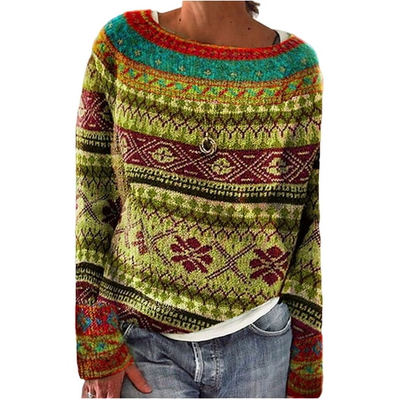 FNNMNNR Women‘s Fair Isle Print Sweater Casual Vintage Aztec Style Mountain Landscape Print Crewneck Knitted Pullover Top