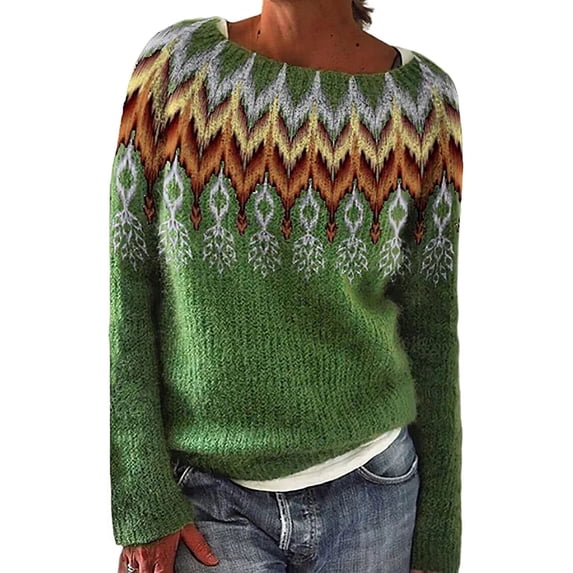 FNNMNNR Women‘s Fair Isle Print Sweater Casual Vintage Aztec Style Mountain Landscape Print Crewneck Knitted Pullover Top