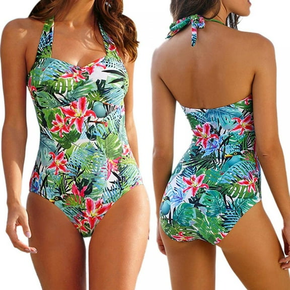 FNNMNNR Womens Halter Patchwork Printed Open Back Tankini Top Set Two Piece Swimsuits S-4XL
